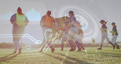 Running female baseball team practicing drills on field at sunset, with neon vests and HUD overlay