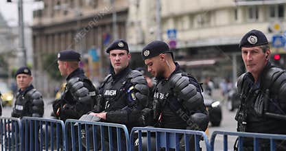 Romanian riot police (jandarmi or gendarmes) during a protest.