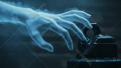 A spectral hand reaches toward a mystical artifact, capturing an ethereal moment in time that bridges the realms of the seen and