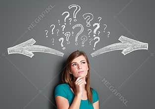 Woman making a decision with arrows and question mark above her