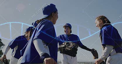 Female players in matching blue baseball uniforms cheering on field, with gloves and helix overlay