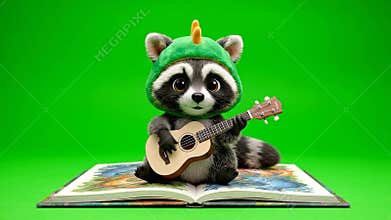 Animated Raccoon Character Playing Ukulele on Open Storybook Against Green Screen Background wearing a green Dinosaur Hat Adorable