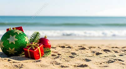 Tropical Christmas beach holiday scene with festive ornaments and gifts on golden sand by the blue ocean