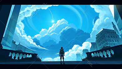 A Lone Wanderer Stands on a Grand Terrace Before an Expansive Sky Portal