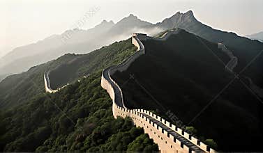 Mystical Aerial View of the Great Wall of China in Morning Mist