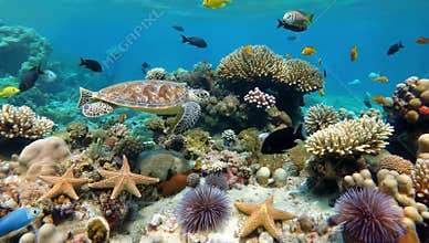Vibrant coral reef ecosystem teeming with marine life including a sea turtle and colorful fish