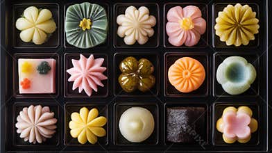 Colorful Assortment of Wagashi Traditional Japanese Confections in a Box