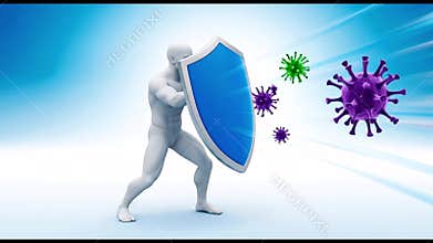 A powerful 3D animation showing a figure with a shield blocking viruses, bacteria, and germs. This visual represents the human