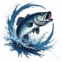 Illustration shows largemouth bass leaping out of water with splash. Fish jump in the air creating water splash around. It is