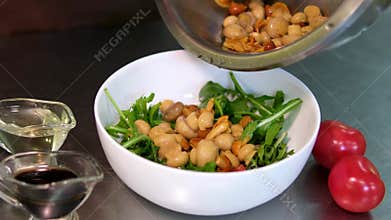 Step by step serving marinated mushrooms cooking process. salad with mushrooms arugula, olive oil, pickled onions