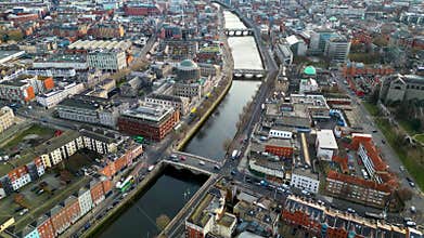 Aerial drone view of bridges over the River Liffey in Dublin