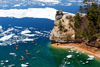 Kayaks & Ice Floes at Miners Castle - Pictured Rocks - Michigan