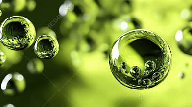 Green Water Drops With Reflections Show Beautiful Natural Close up Abstract