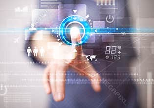 Young business woman touching future web technology buttons and
