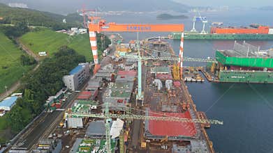 Samsung Heavy Industries Shipyard: Aerial View of Cranes Dry Docks