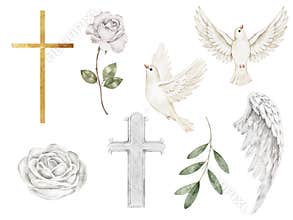 Set clip art of gold cross, white dove with olive branch, angel wings, white