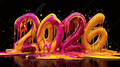 Melting Cursive 2026 in Vibrant Colors on Glossy Black Surface