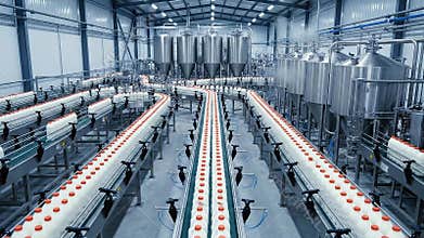 Automated Bottling Plant With Rows Of Production Lines And Large Industrial Tanks Under Bright Factory Lighting