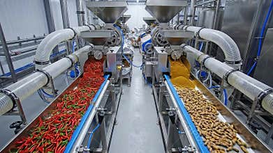 Automated Food Processing Plant Featuring Conveyor Belts Sorting Red Chili Peppers and Dried Grains Under Industrial Lighting