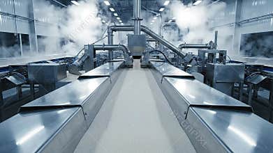Automated Food Production Line with Stainless Steel Conveyors and Steam in a Bright Industrial Factory Setting
