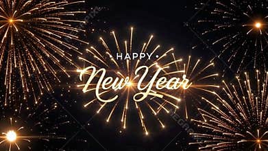 Happy New Year: Elegant Gold Cursive Text and Fireworks Background