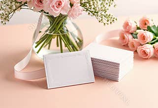Elegant still-life scene blank thank-you cards with embossed borders and soft focus