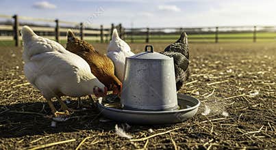 Diverse Chickens Eating from Galvanized Feeder in Sunny Farmyard with Straw