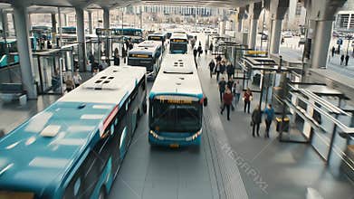 Buses and people in transportation hub