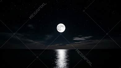 Full Moon Reflecting on Calm Water Surface at Night with Dramatic Lighting