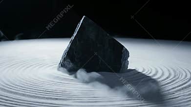 Dark Stones Arranged in Circular Raked Sand Garden with Dramatic Lighting