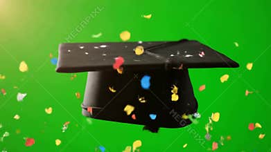 Black Graduation Cap Falling with Colorful Confetti Celebrating Academic Achievement on Green Screen