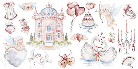 Watercolor Elements Set For Valentine Celebration And Invitations