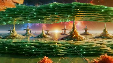 alien grove under nebula sunrise glow layered terraces and mirrored waters with