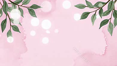 Soft pink watercolor background with green leafy corners and delicate abstract blotches