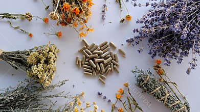 Dried medicinal herbs and flowers. Selective focus.