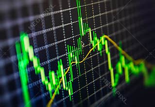 Display of Stock market quotes chart graph on monitor live online screen. Profit, capital growth and financial success concept.