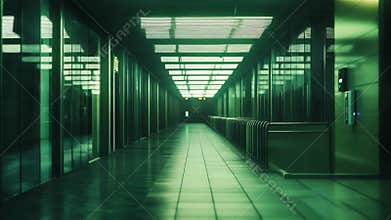 Empty futuristic corridor with vibrant green lighting