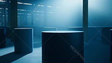 Blue atmospheric industrial warehouse with volumetric light