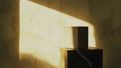 Minimalist cube object with long shadow on wall