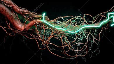 AI generated entanglement of organic branches and luminous tendrils forming a glowing root-like mesh