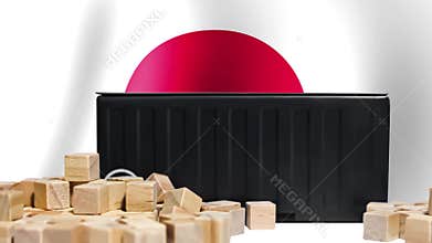 Black Growth Container with Scattered Wooden Cubes in Front of Japanese Flag Motif Representing International Trade