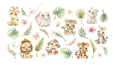 Cute Tropical Animals Plants Flowers Insects Set Exotic African jungle Watercolor summer floral isolated illustration