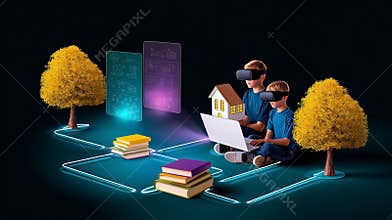 Two children engage with virtual reality headsets using laptops to design a house. Bright, colorful trees and books