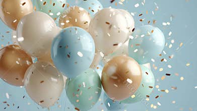 Lot of colorful balloons with confetti on the blue background