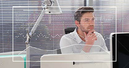 Business manager furrowing brow as animated chart appears, scanning code then smiling at insight