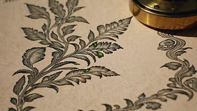 Intricate hand drawn floral pattern meticulously repeated across a page, creating a captivating design alongside a brass