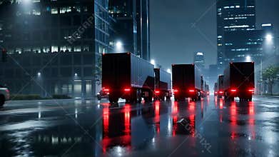 AI Truck convoy on wet city streets