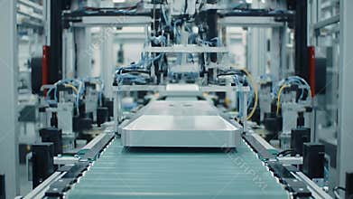 Close Up of Carbon Neutral Cremation Device Production Featuring Automated Machinery Conveyor Belt System and Robotic Arms in a