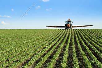 Tractor spraying soybean crop field