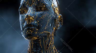Futuristic Female Cyborg with Glowing Golden Circuits